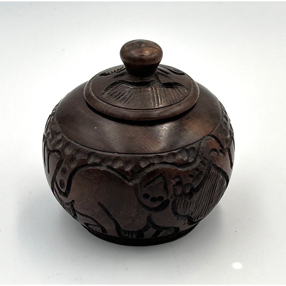 Vtg Hand Carved Wood Bowl Dish w/ Lid African Scene Trinket Dish Storage 3.5" D - Picture 2 of 6